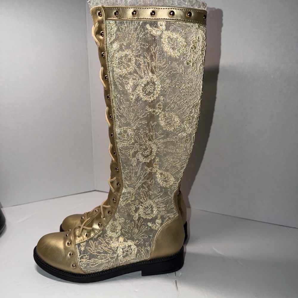 Elegant Gold Lace Knee-High Boots